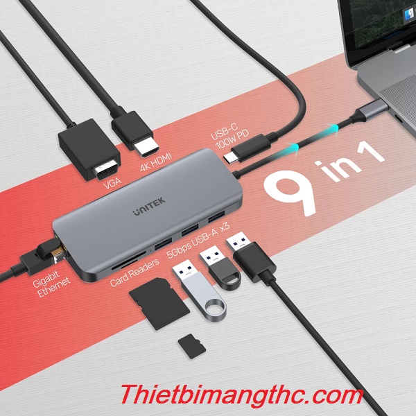 Type C đa năng Unitek ra HDMI+ VGA+ Lan + USB + Đầu đọc thẻ nhớ Cao cấp